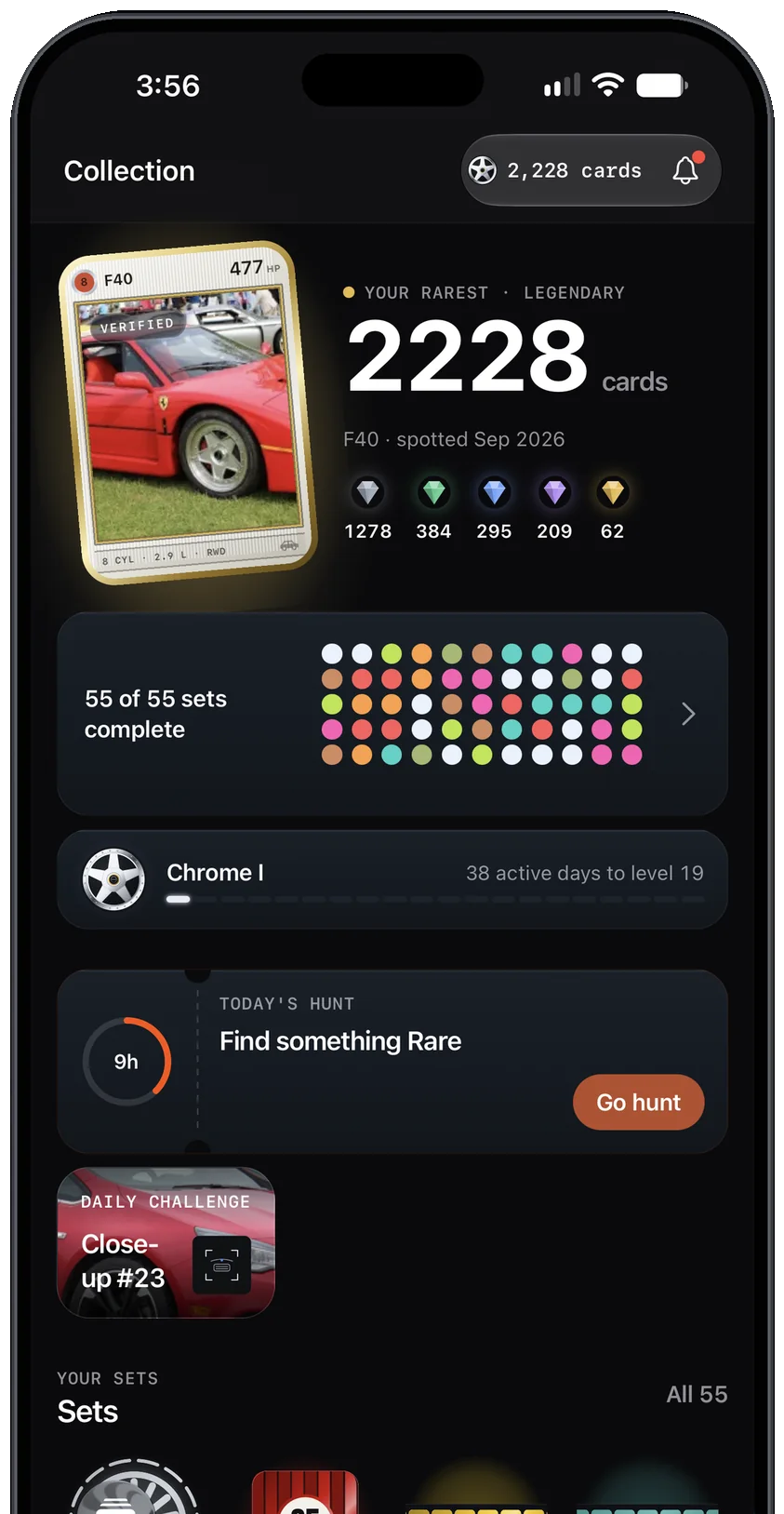 The Collection screen in the app: the rarest card, the count by rarity, and every set